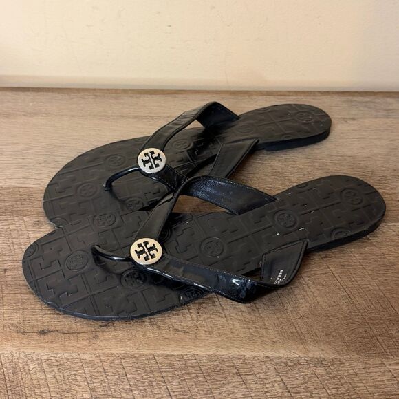 Tory Burch Black Leather Thora Sandals with silver Emblem, sz 11 women’s shoes - Picture 1 of 7